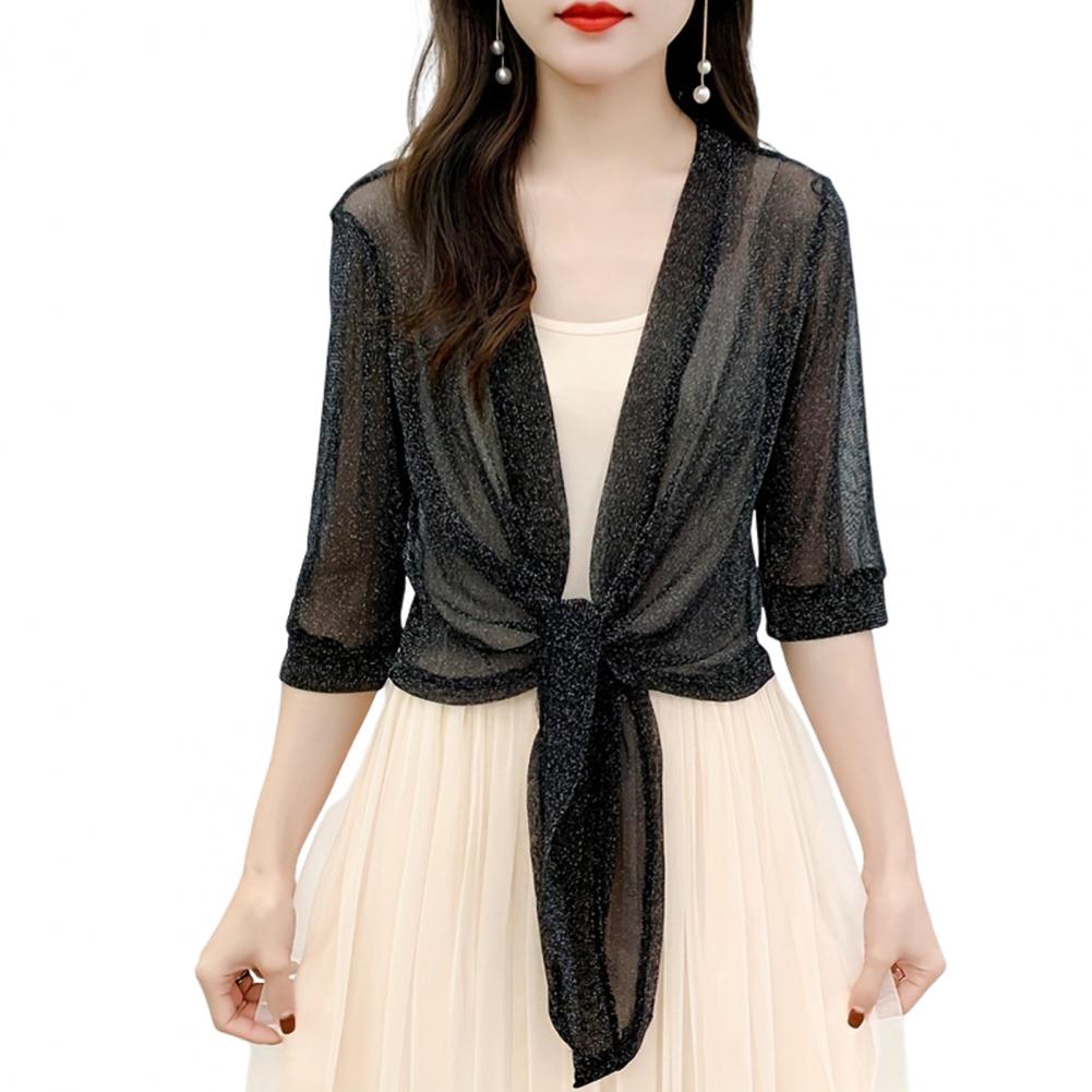 Women Shawl Coat V-neck 3/4 Sleeve Lace-up Thin Coat Solid Color Strappy Design Regular Fit Top Cocktail Party Wear