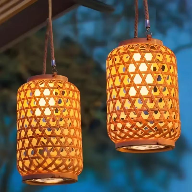 Solar Hanging Lantern Imitation Bamboo Lantern Outdoor Waterproof Plastic Rattan Lantern Courtyard Decoration Garden Light