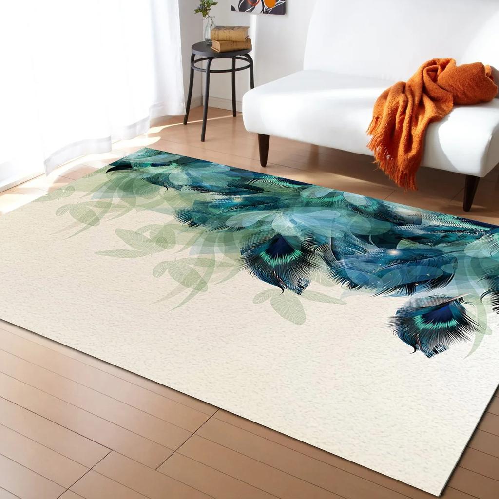 Peacock Feather Pattern Area Rug Colorful Animal Bird Fur Non-slip Carpet, Living Room Bedroom Polyester Mat Home Decor Doormat