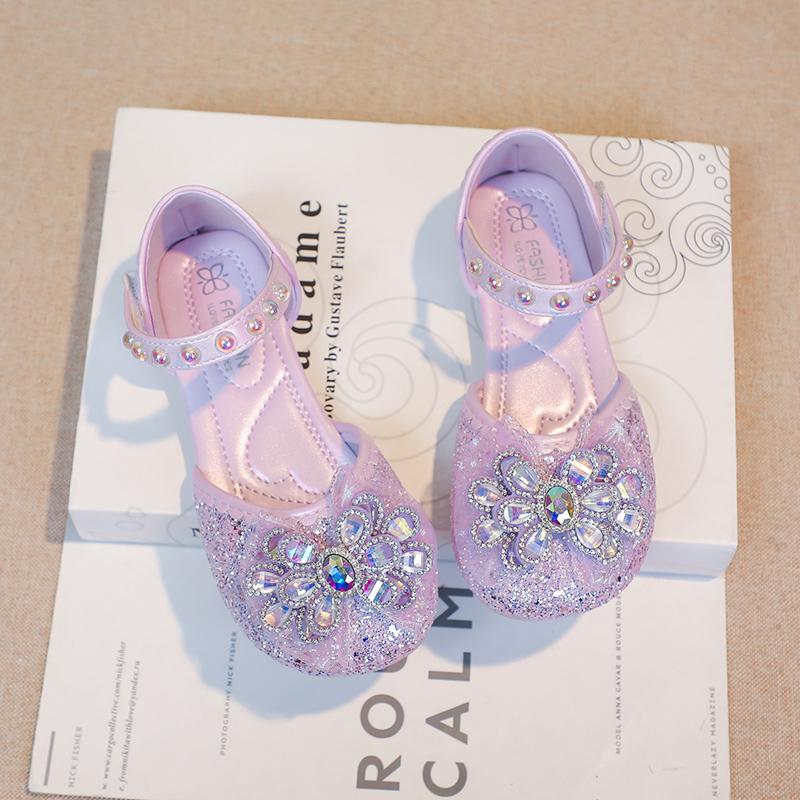 

Полубосоножки для девочек Нескользящая мягкая подошва Детские туфли принцессы для танцев Свадебные Блестящие кристаллы 2025 Лето Новые Детские пляжные туфли Круглые 23 фиолетовый