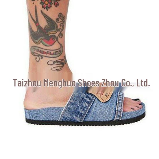 Plus Size Denim Slippers 2021: Women's Solid Color Single Strap Flat Sandals for Summer.