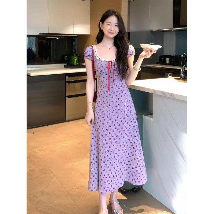 2026 French Resort Purple Floral Square Neck Slimming Long Dress for Women M фиолетовый