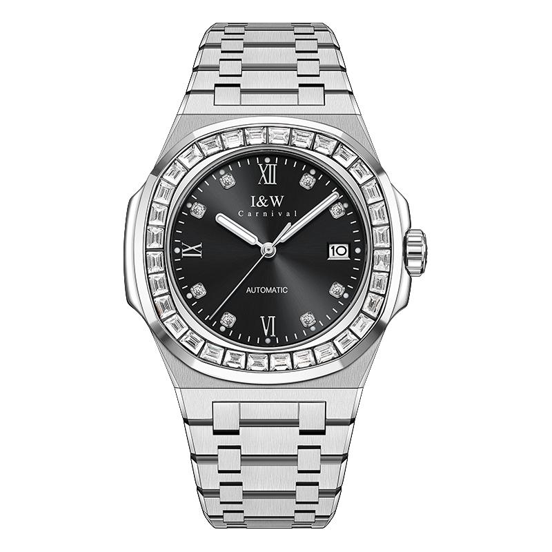 New Arrival I&W Carnival Automatic Mens Watch Diamond Bezel Roman Dial Date Window Stainless Steel Mechanical Watch