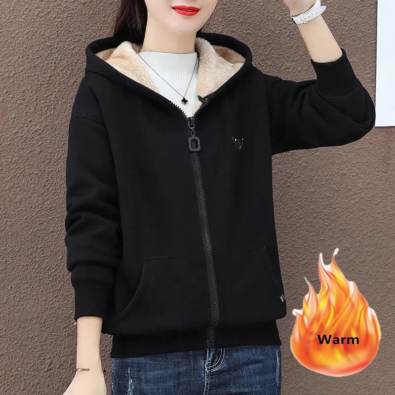Winter Warm Casual Zip Up Fleece Hooded Faux Lambswool Lined Sweatshirt Women Loose Thick Long Sleeve Hoodies Tops