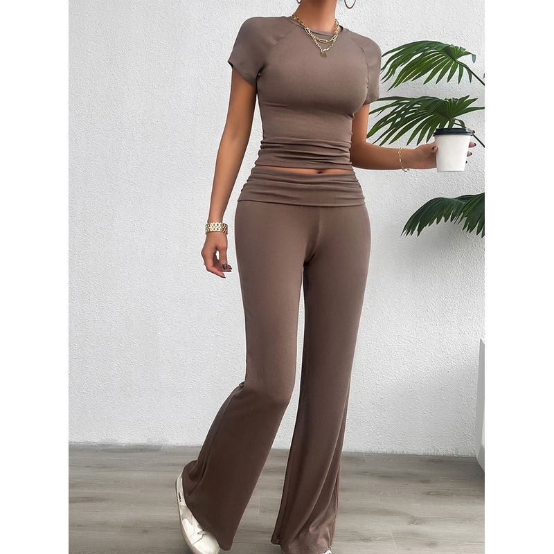 

Slim Fit T-shirt Solid Color Pants Set Silm T-shirt Pure Color Pants Suit