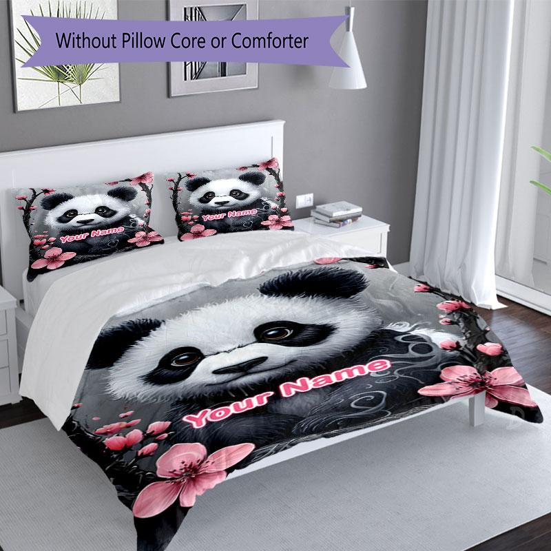 3PC Custom Name Panda Blossom Art Bedding Set Duvet Cover Closure Includes 1 Duvet Cover & 2 Pillowcases for Bedroom