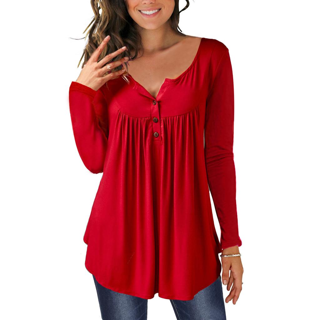 Women's Casual Loose Solid Color Long-sleeved Loose  Button Pleated Top