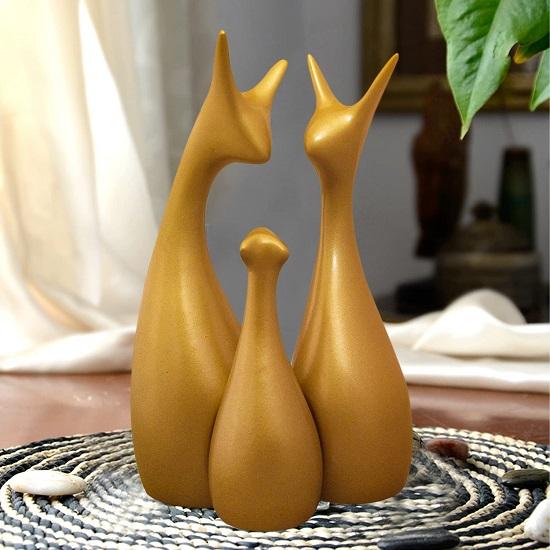 Lavish Gold Home Decor Lucky Deer Family Ceramic Figurine Set of 3, Gold Matte