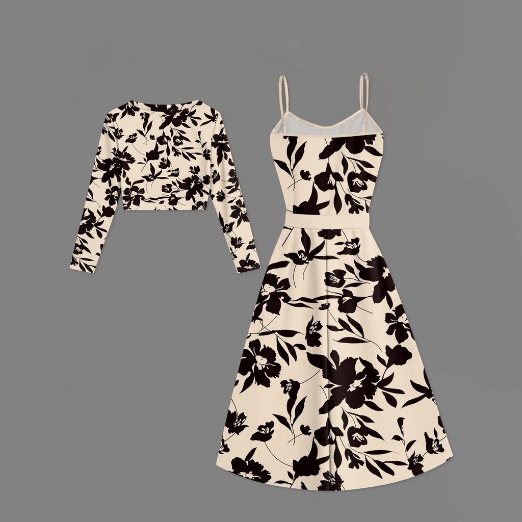 Women's  Fashionable And Casual Long-sleeved Short Cardigan Top + Belt + Strappy Dress Set
