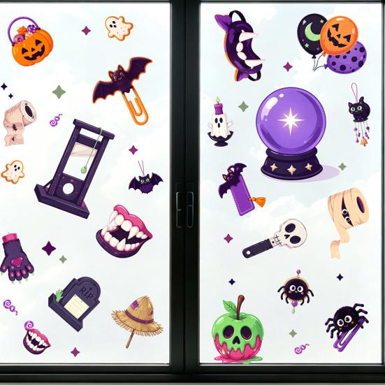 Reusable Glass Decor 2Pcs Halloween Static Window Clings, Sticker with Pumpkin Ghost Bat Indoor Outdoor Art Spider Ball Decals, Wall Stickers for Shop