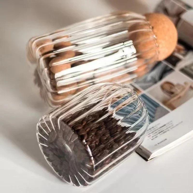 500-1300ml Skleněná pruhovaná vzduchotěsná skladovací nádoba s korkovou zátkou Kuchyňský úložný box Kávová zrna Ořechy Cukrovinky Potraviny Koření Nádoba