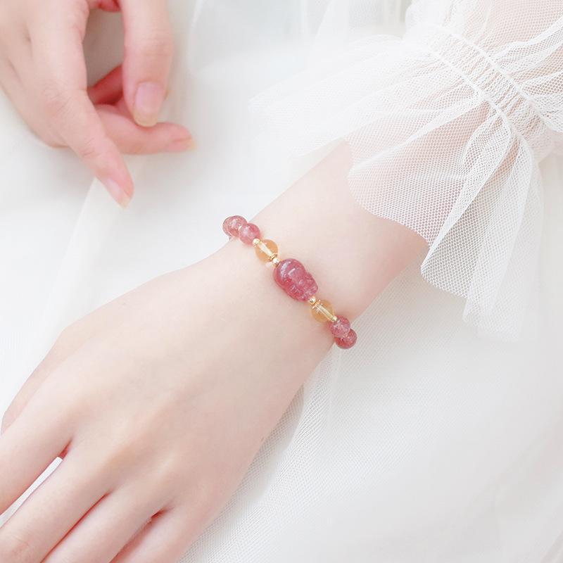 Supply of Strawberry Crystal Pixiu with Yellow Crystal Bracelet for Women, Pink Crystal, Niche Design, Korean Style, Fresh
