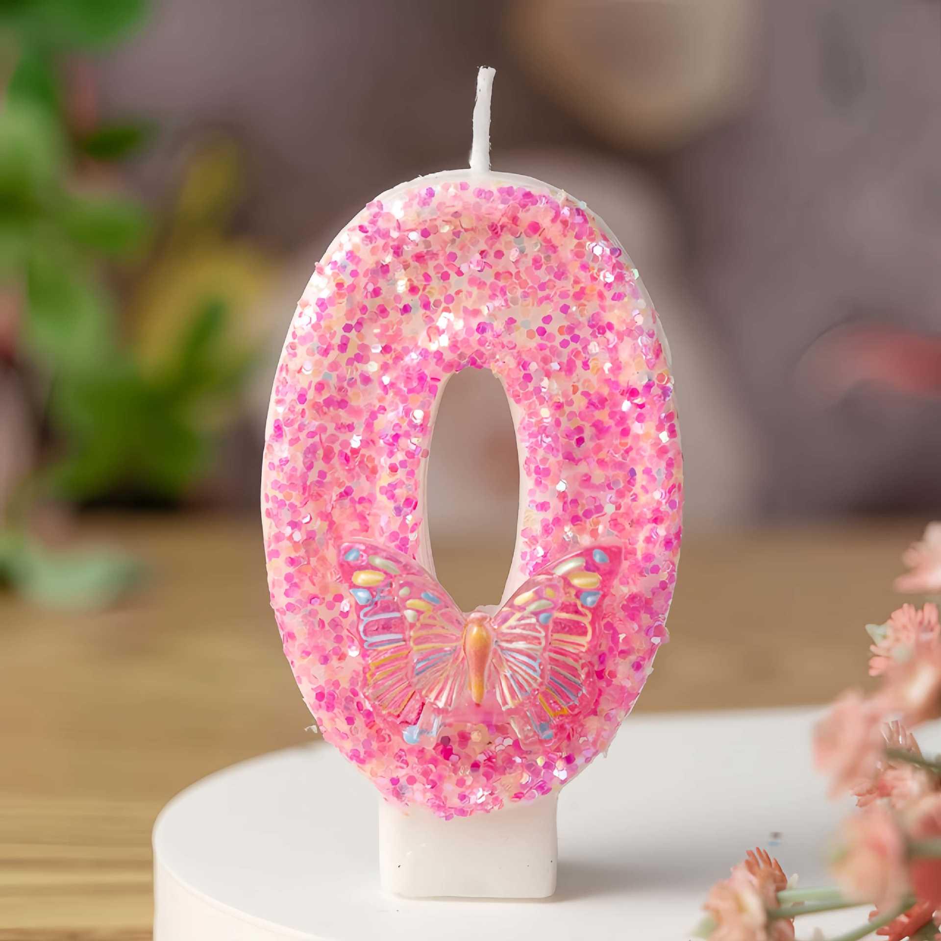 Gradient Pink Butterfly Birthday Cake Number Candles - Trendy Decoration