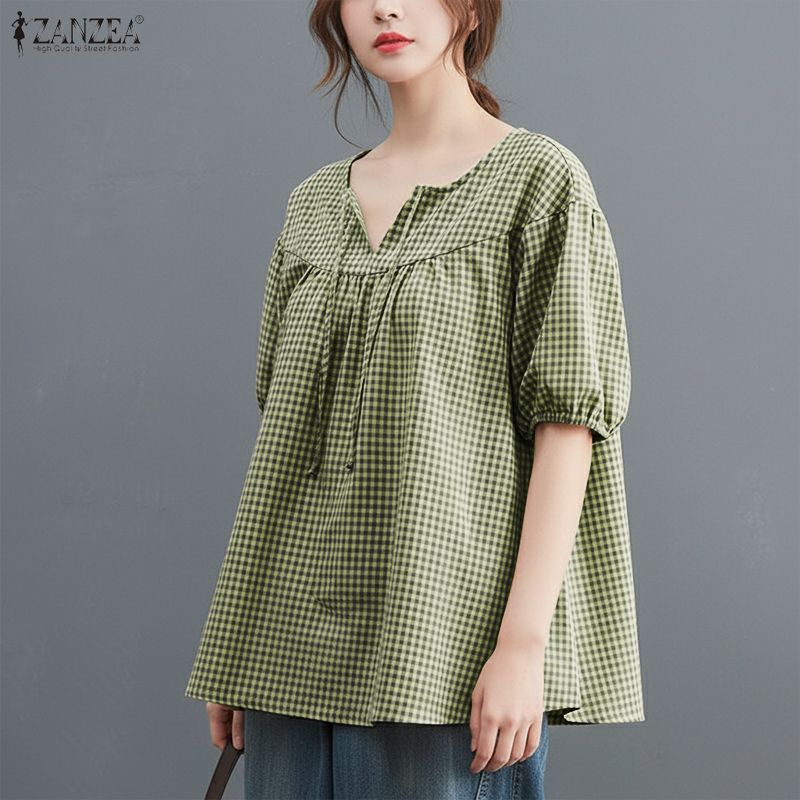 ZANZEA Women Plaid Print Casual Round Neck Half Sleeve Blouse