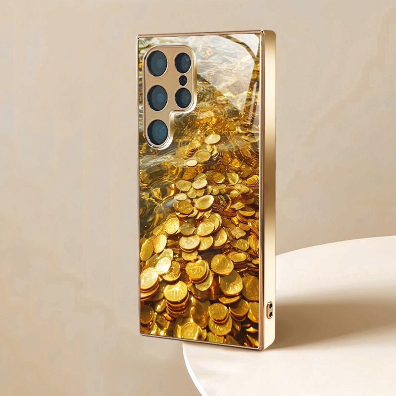 Gold-plated tempered glass phone case, compatible Galaxy S26 S25 S24 S23 S22 Ultra Plus. Adorned with elegant gold coin pattern