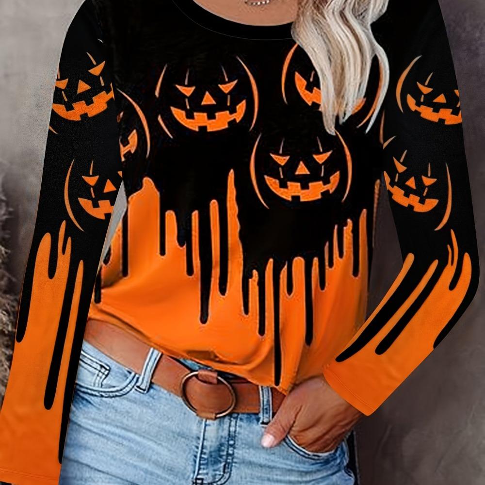 Women's Fashion Halloween Limited Edition, Pumpkin Print Gradient Long-Sleeve Top T-Shirt
