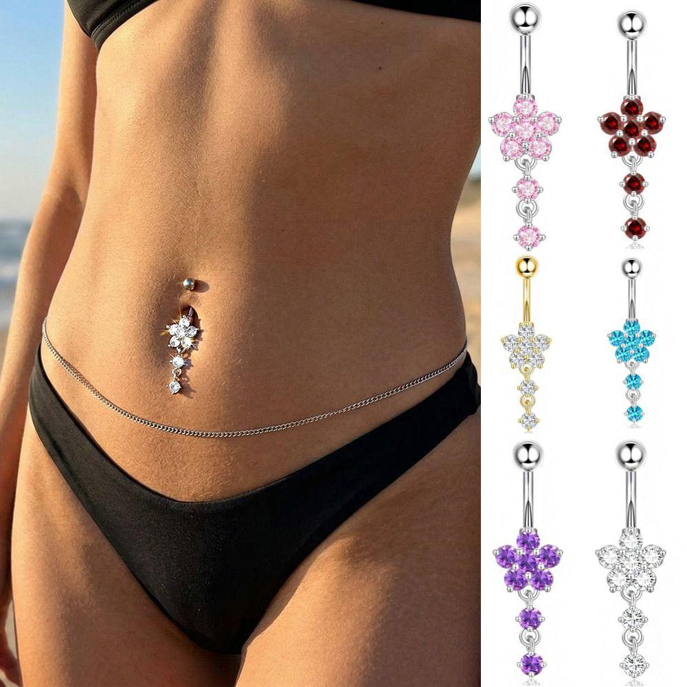 Rhinestone Flower Pendants Belly Button Ring Stainless Steel Body Piercing Jewelry Girls