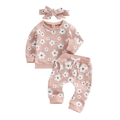 Infant Baby Girl 2Pcs Fall Clothes Set Flower Print Long Sleeve Crewneck Tops Pants Bow Headband Outfit