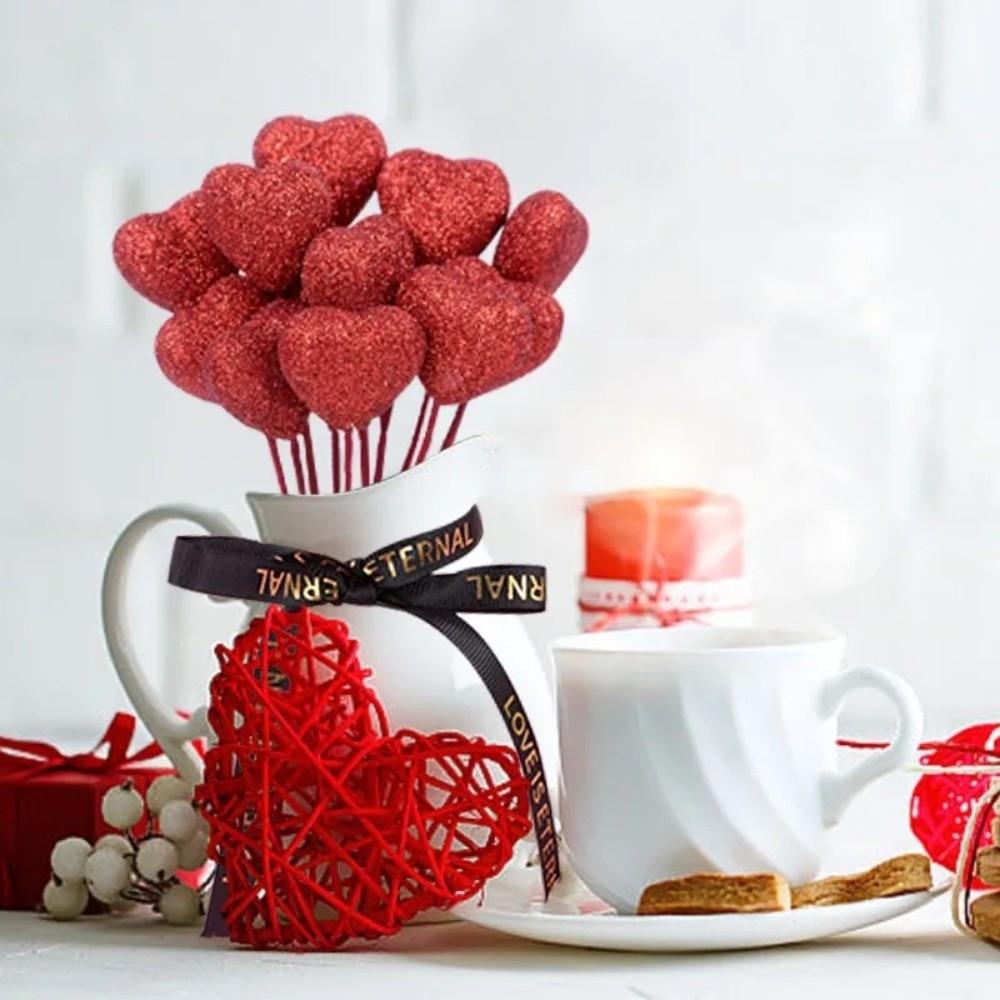 10 Stück Wiederverwendbare Glitzerherzen Stiele DIY Schaumstoffvase Dekostäbe Blumenstrauß Tortenaufsatz Dessert Kuchen Dekoration