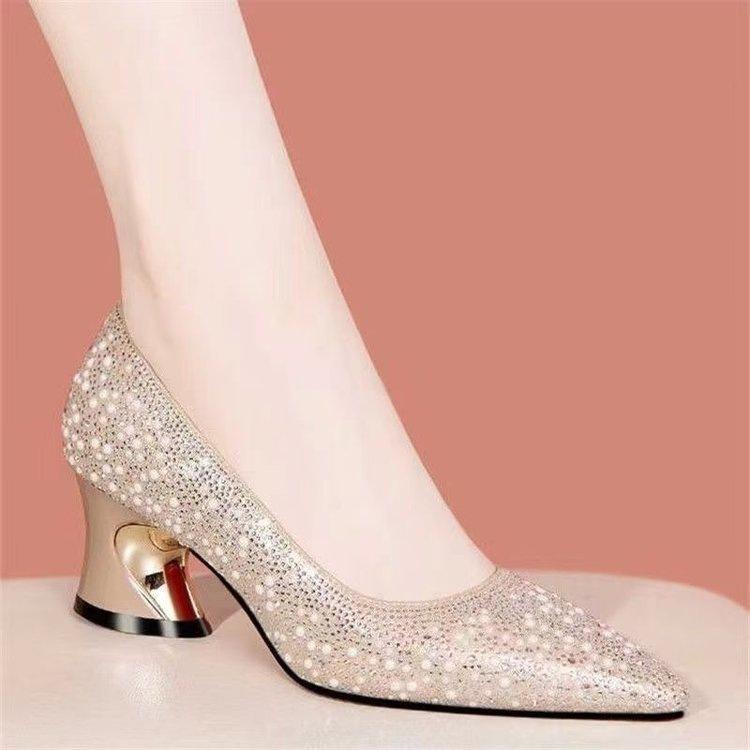 New Pointed Thick Heel Wedding Shoes 2025 Autumn with Cheongsam Shoes Rhinestone Mid-heel Shallow Single Shoes Temperament Celebrity Women's Shoes