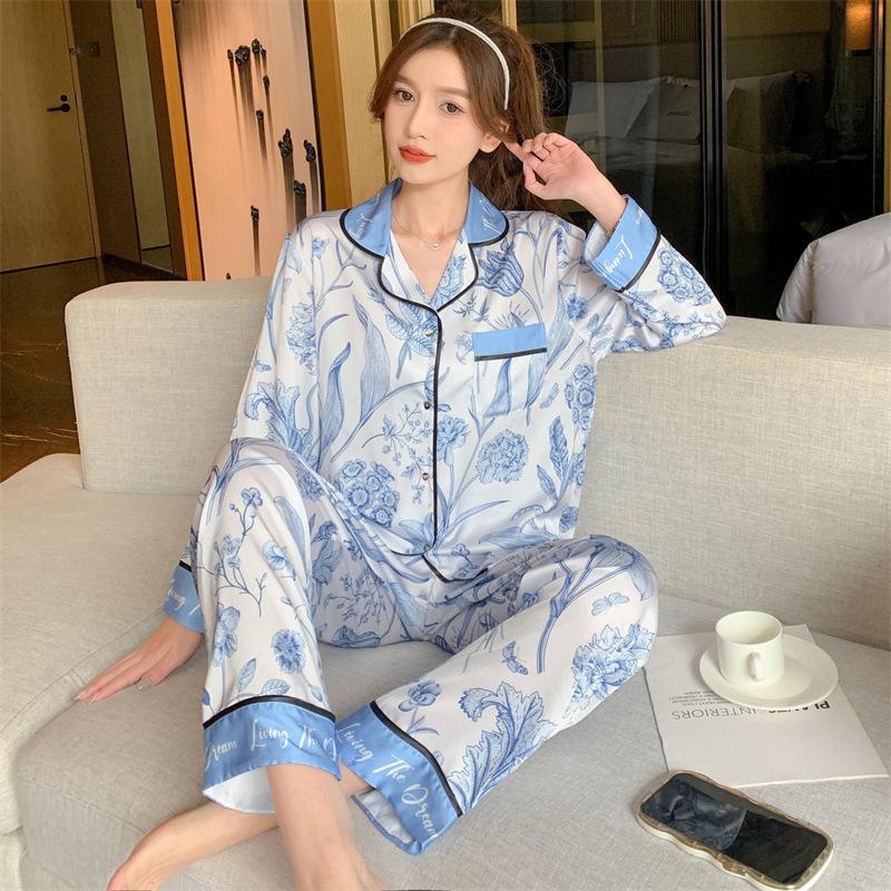 

Весенние пижамные комплекты из ледяного шелка в китайском стиле с пейзажным принтом для отдыха, новинка, популярная женская домашняя одежда, наряды