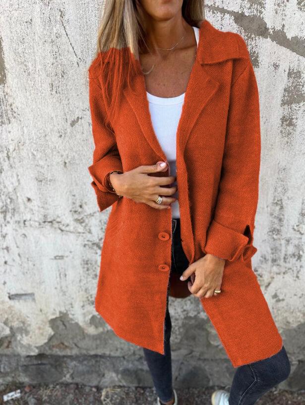 Women's Solid Color Turn-Down Collar Mid-Length Cardigan Coat with Pockets (Single-Breasted) - 2024 Autumn/Winter Collection