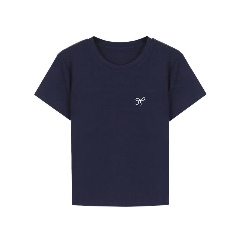 Girls Summer T-shirt Solid Color Tops Tees Shirt Polyester Casual Short-Sleeves Bow Embroidery Fit Tshirts Streetwear S тёмно-синий