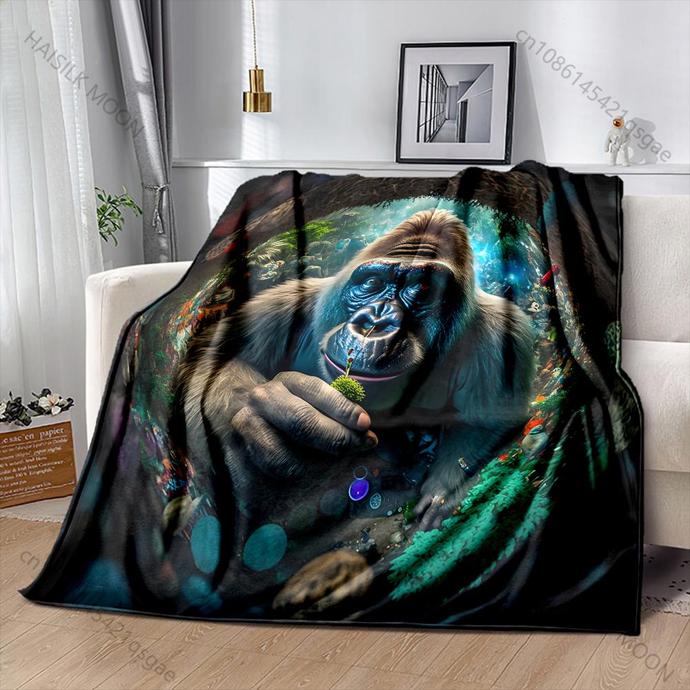 Gorilla Surrounded By Lush Greenery Pattern Blanket Flannel Material Soft Warm for All Seasons, Home Outdoor Camping Picnics RV
