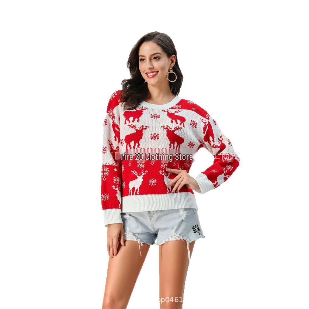 2026 Autumn/Winter Women's Red Christmas Sweater with Deer and Snowflake Design
