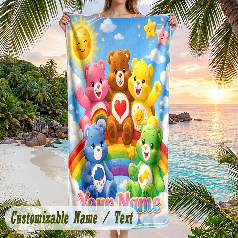 Care Bears Strandtuch, Personalisierter Custom-Text, Schnelltrocknendes Weiches Großes Handtuch für Schwimmbad Reisen