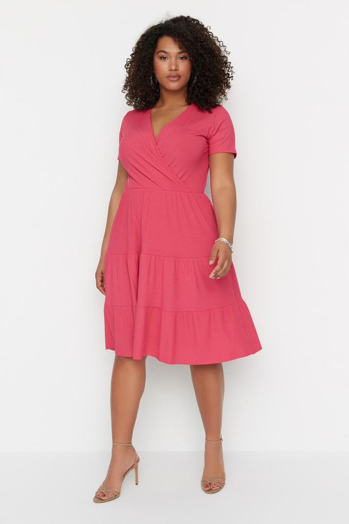 Damenmode Neues Plus-Big-Size-Kleid Grünes Strickkleid mit V-Ausschnitt und Blumenmuster