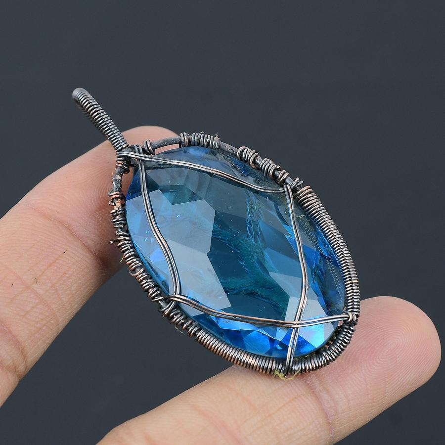 Tree Of Life Swiss Blue Topaz Copper Wire Wrap Jewelry Pendant 2.48" I3Z46