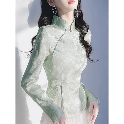 New Chinese  Women's National Style Green Jacquard Satin Shirt for Women 2025 Early Spring Retro Disc Buckle Improved Waist Top