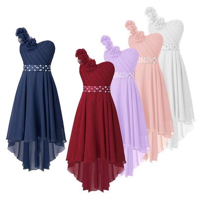 Vestito da damigella d'onore in chiffon con fiori monospalla, da sposa, con orlo asimmetrico, per concorso di bellezza, ballo di fine anno