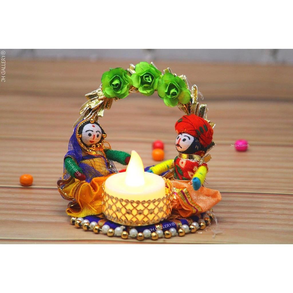 Recycled Material Rajasthani Raja Rani Puppet/Dolls Decorative Tealight Candle Holder (Pack of 2)