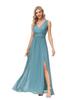 European & American Women’s Chiffon A-Line Evening Dress with Double V-Neck, Sleeveless Design, Slit, and Elastic Waist.