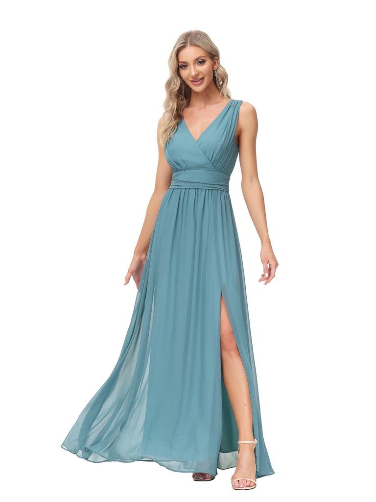European & American Women’s Chiffon A-Line Evening Dress with Double V-Neck, Sleeveless Design, Slit, and Elastic Waist.