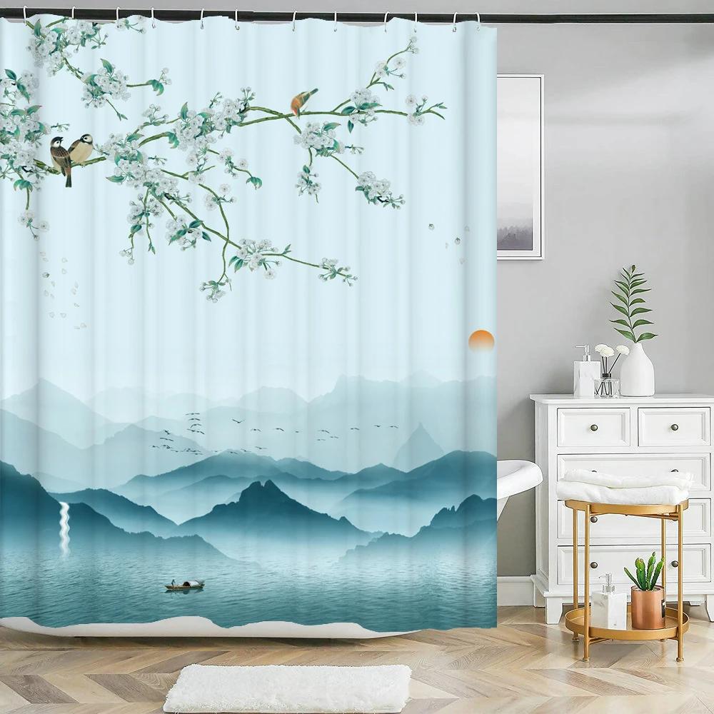 Chinese ink landscape style shower curtain scenic pattern Waterproof Fabric bath curtain washable Bathroom curtains Multi Size