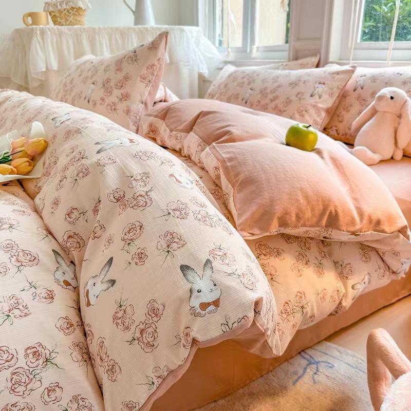 Class A Maternal Infant Grade Small Fresh Super Soft Bubble Cotton 4-Pcs Set Washed Cotton Quilt Cover Dormitory 3-Pcs Set Bed Hat