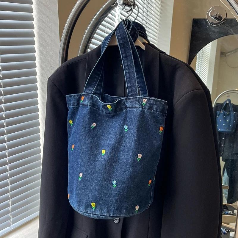 Hot Selling Embroidery Versatile Leisure Denim Fashionable Women's Shoulder Bag  New Trend Large Capacity Bucket Bags