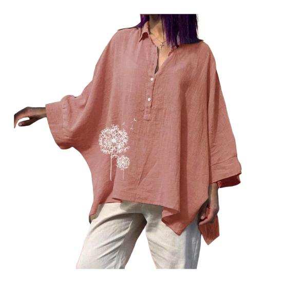 Women Shirt Lapel Buttons Half Placket Batwing Long Sleeve Shirt Tops Loose Fit A-Line Dandelion Print Casual Tops XL