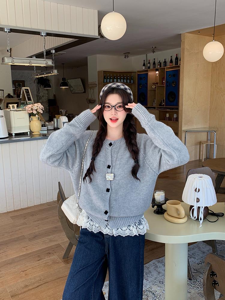 Damen Plus Size Süßer Gestrickter Pullover im Koreanischen Stil mit Quadratischer Schnalle