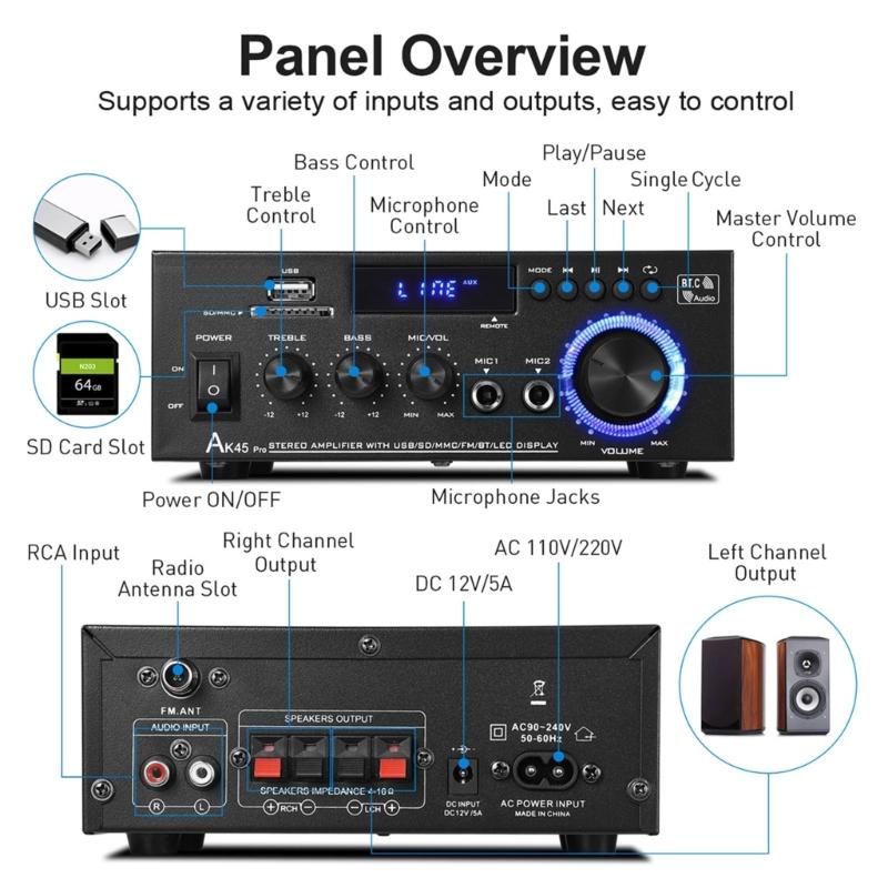 Powerful 50W+50W 2Channel Home Stereo Receiver Bluetooth-compatible Stereo Amplifier for Theater,Karaoke,USB,Support