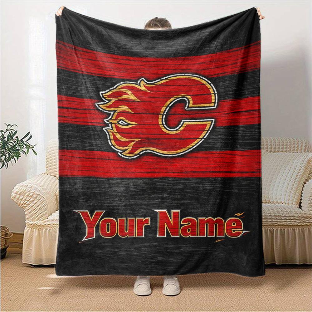 Name Custom Calgary Flames Logo Print Flannel Blanket High Quality Warm Comfortable Cover for All Seasons Perfect for Gifts Home Decor