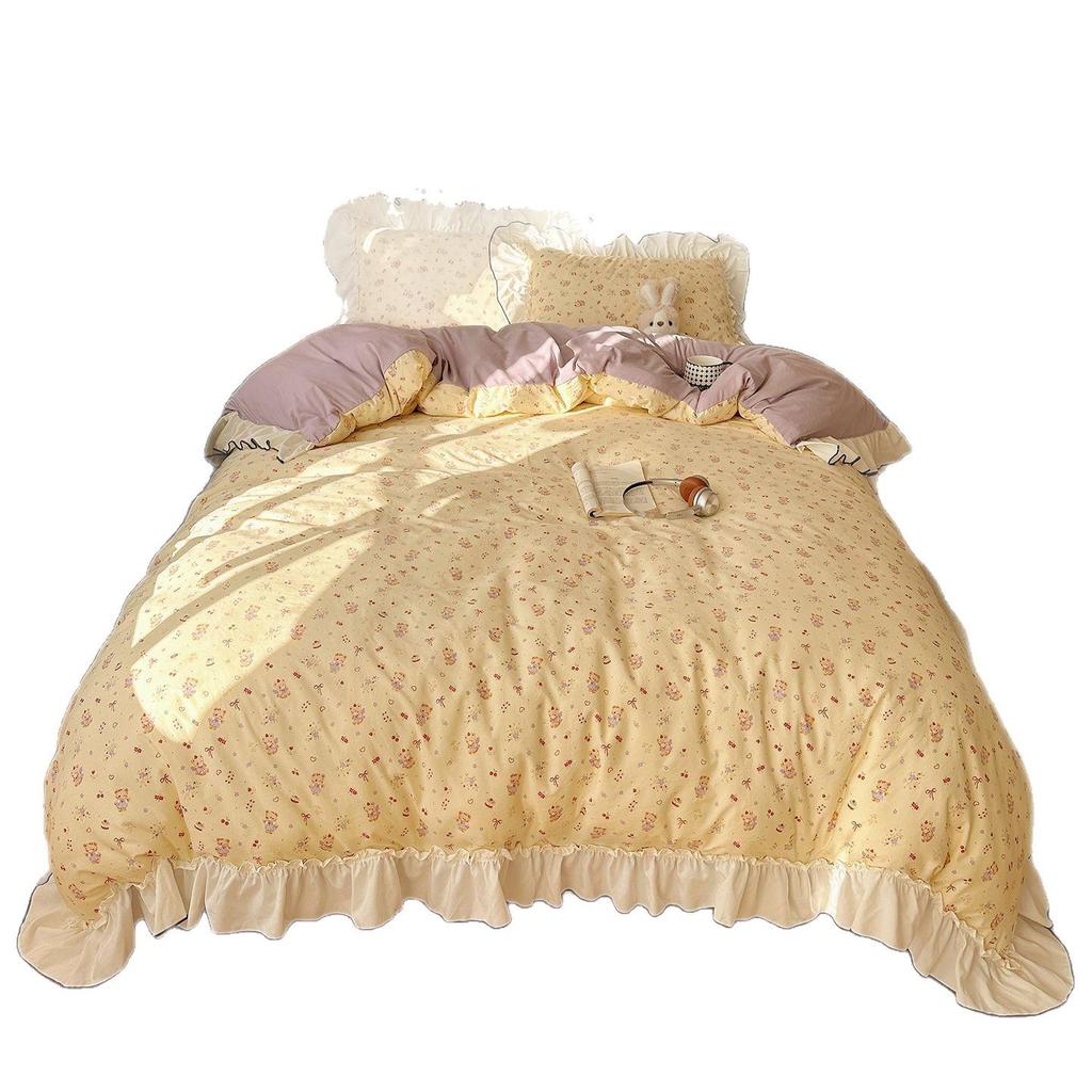 Princess-Style French Lace Bedding Set: Traditional Water-Washed Imitation Cotton Duvet Cover, Girlish Student Style, Three-Piece