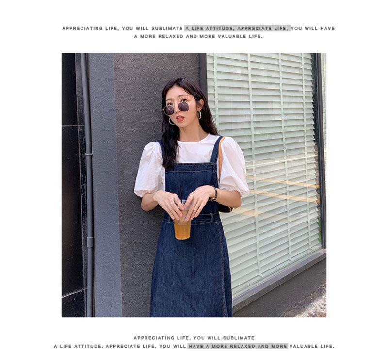 Damen Denim Latzrock in lockerer Passform - Lässiges französisches Streetstyle Trägerkleid mit Seitenschlitz.