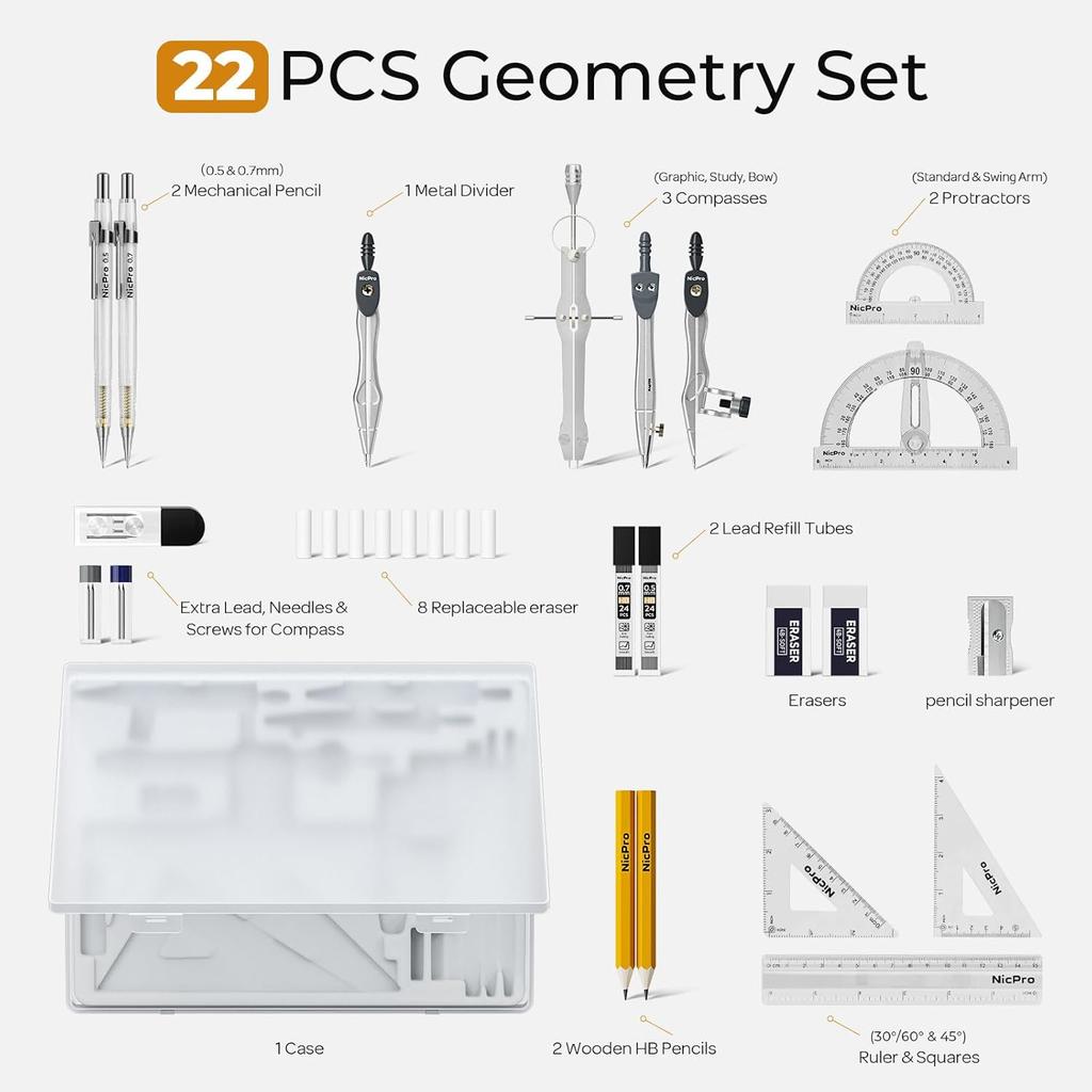 Nicpro 22 PCS Compass Geometry Tools with Case, Drafting Tools Geometry Set with Swing Arm Protractor, Rulers, Metal Compass, Square Set, Mechanical