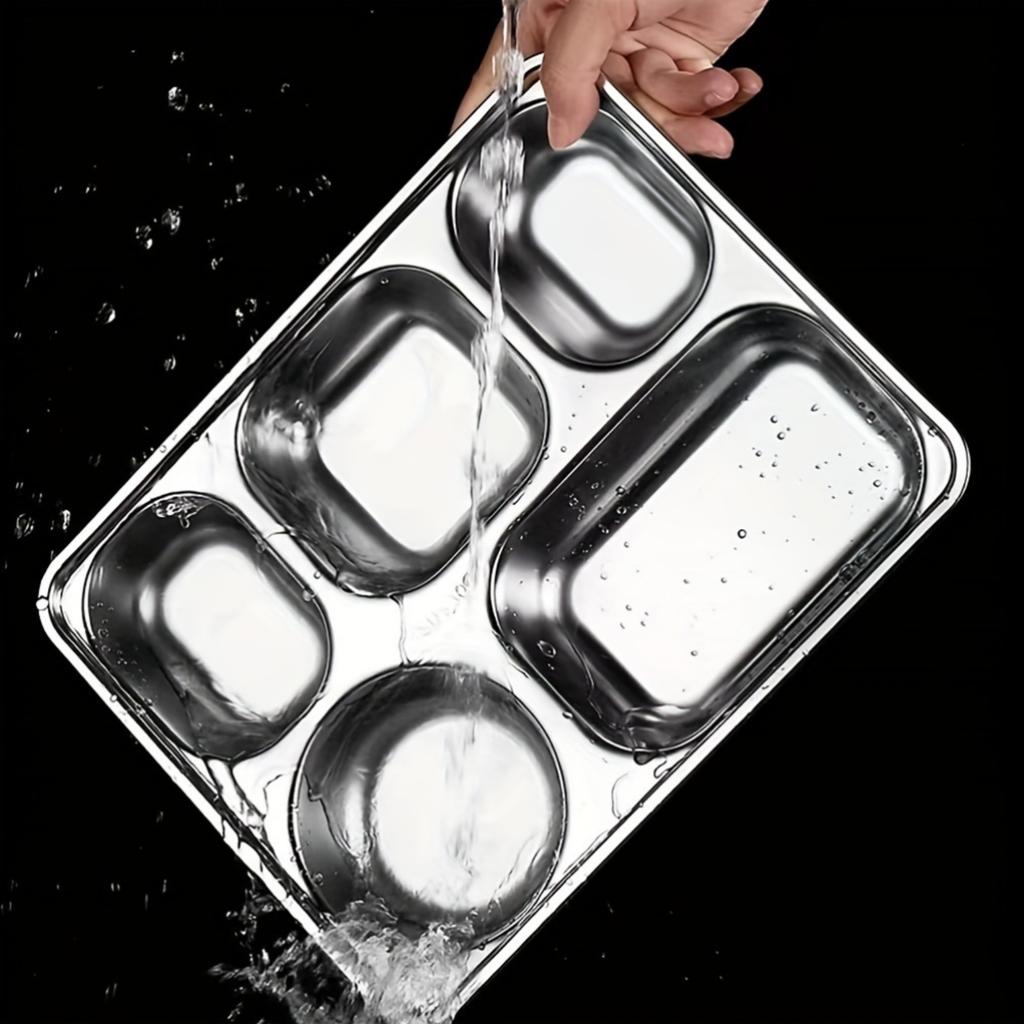 Unterteilter Essteller aus Edelstahl – Lunchtablett mit 5 Fächern für die Schule, tiefes, quadratisches Serviertablett für Mahlzeiten, spülmaschinenfest