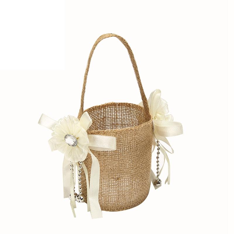 Wedding Lace Burlap Flower Basket Linen Handle Vintage Rustic Wedding Ceremony Table Decoration Baby Shower Party Candy Gift Bag