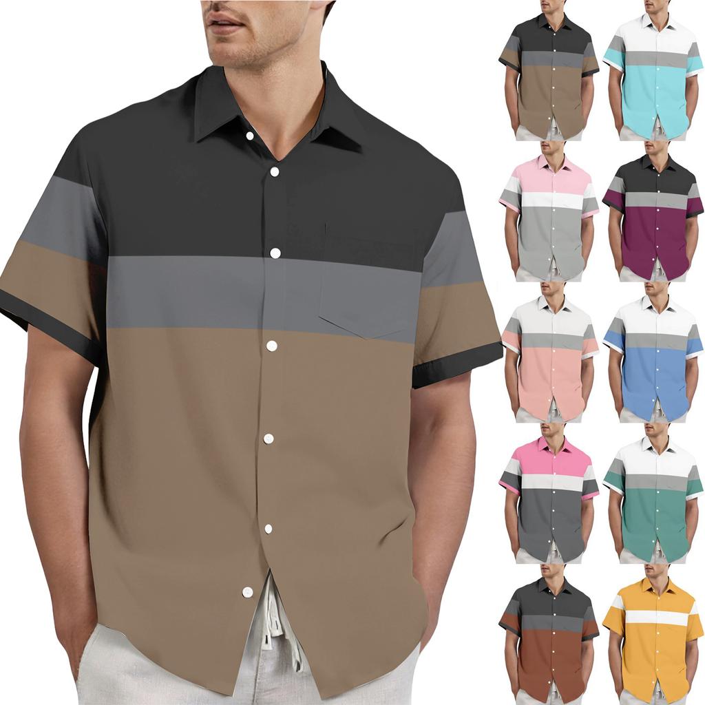 Men's casual stylish striped texture printed shirt - Men's lapel short-sleeved button-up shirt